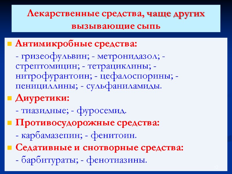 Лекарственные средства, чаще других вызывающие сыпь  Антимикробные средства:  - гризеофульвин; - метронидазол;